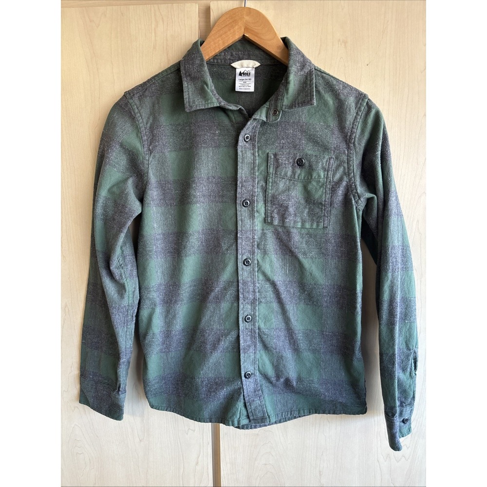 REI Co-op Wallace Lake Flannel Shirt Green / Grey Plaid Cotton Kids Large 14-16